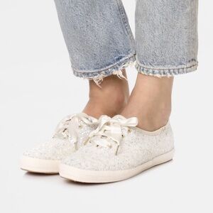Keds x Kate Spade White Silver Sparkle Glitter Lace Up Sneakers Size US 7